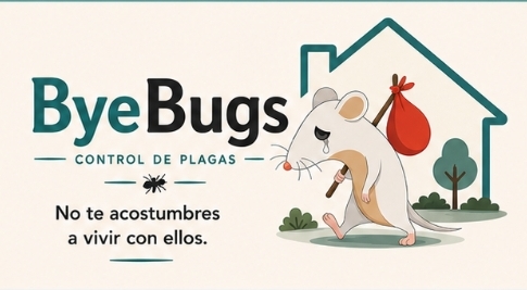 ByeBugs Control de Plagas: ratoncito saliendo de una casa con su bolsita al hombro